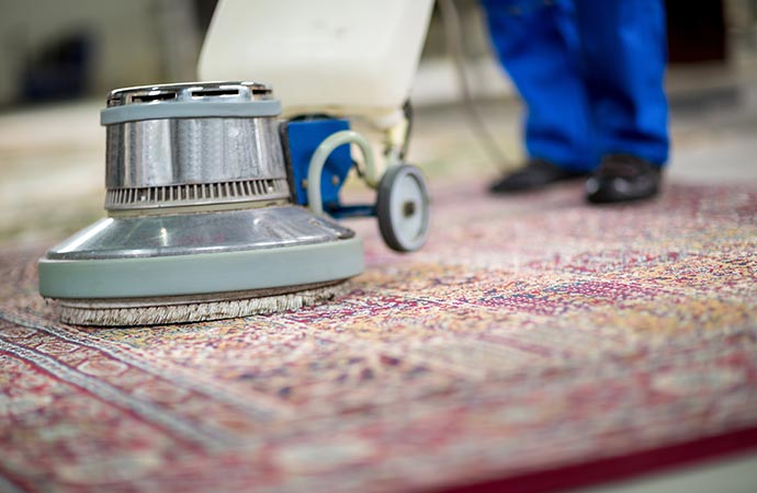 Professional worker vacuuming a rug for a clean and fresh appearance.